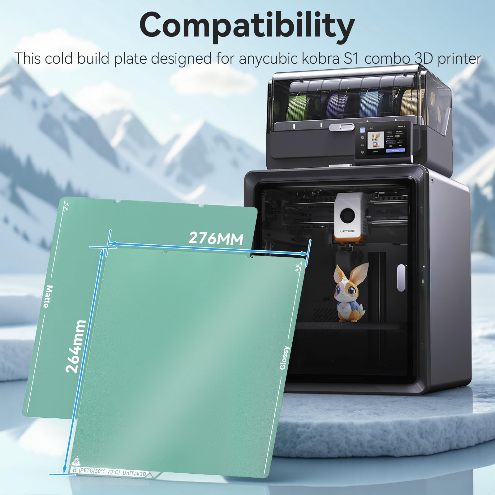 UniTak3D Cold Plate 264 x 276 mm, kompatybilna z drukarką 3D Anycubic Kobra S1/S1, druk niskotemperaturowy, dwustronny smooth + teksturowane zimne łóżko, mocne przyleganie