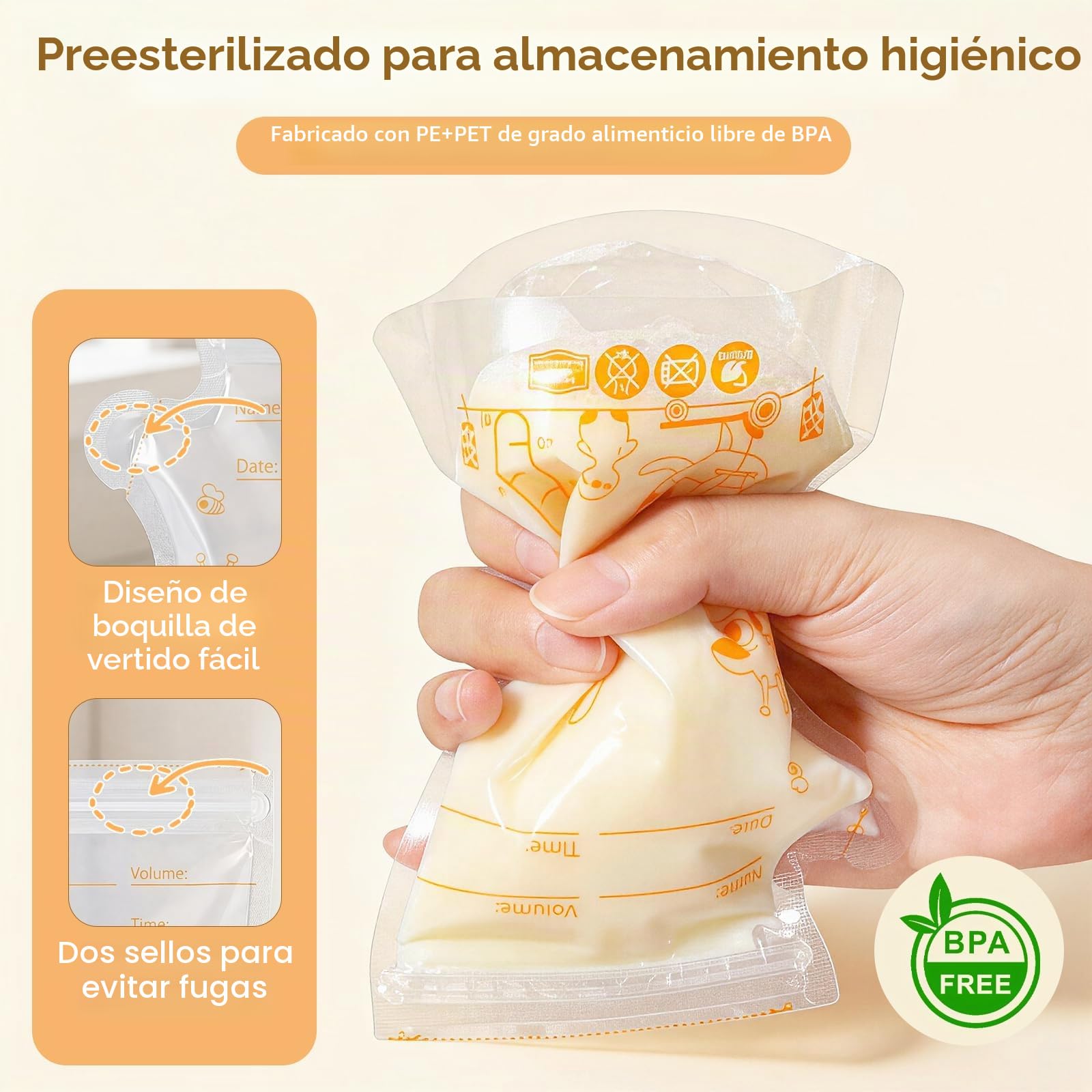 Vinabo Bolsas de Almacenamiento de Leche Materna, 180ml, 100 Unidades, Polietileno, Doble Cierre, Congelación Rápida, Libre de BPA