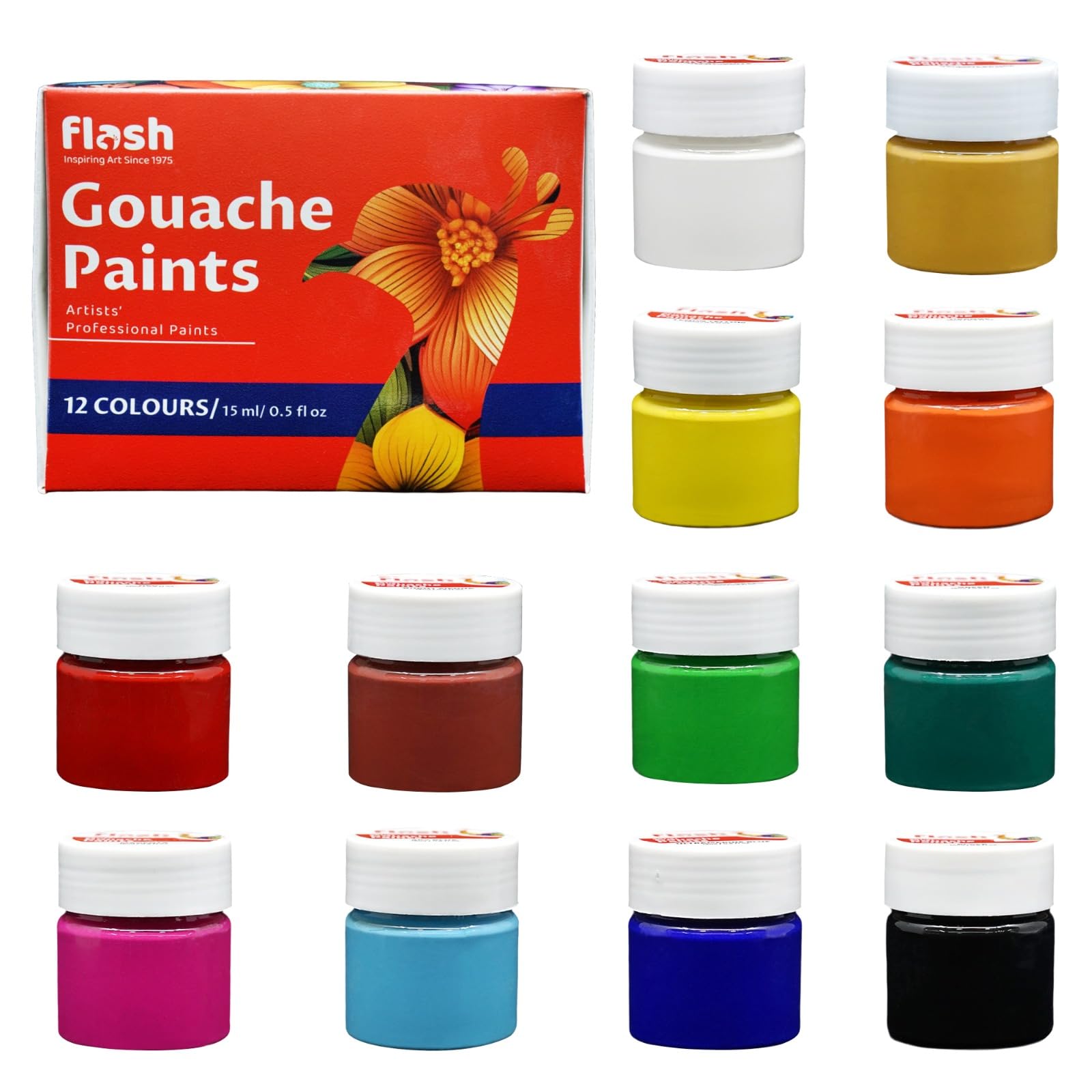 Flash Gouache Paint Set | 12 Colors | 15 ml, 0.5 fl oz Each | Matt Finish | Rich Pigments Vibrant Non Toxic Paints for Professional Artists Hobby Painters & Kids (Set of 12 Colours)
