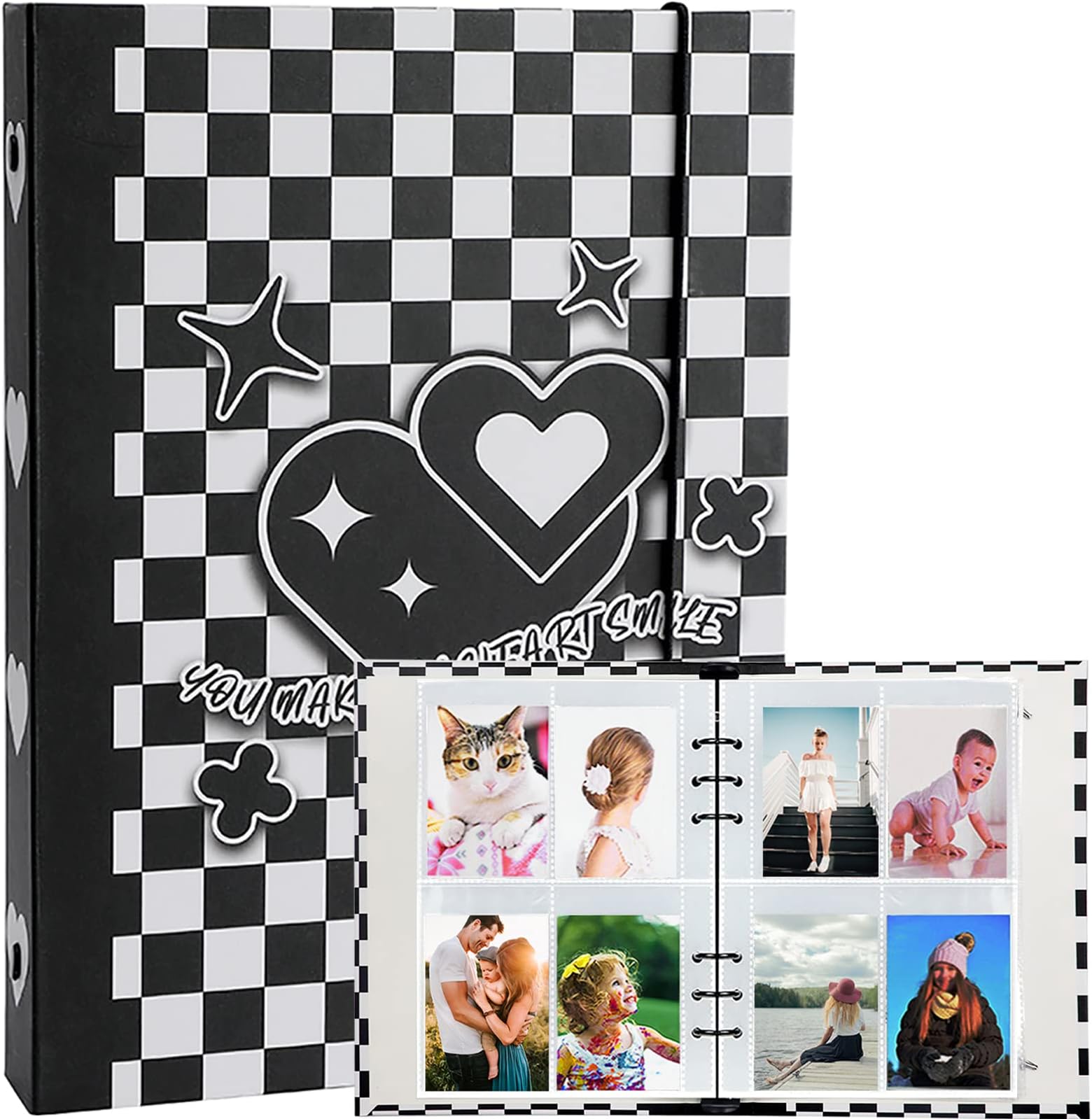 SZHTSWUA5 6-Ring Photo Album, Black White Plaid, Plastic, 20 Pockets, 23.4x17.6x3.6cm
