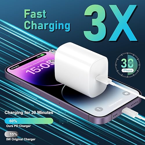 Miniatura 3 de DiHines Cargador rápido para teléfono 14, 13, 12, 11, cargador de teléfono de 12 pies de largo, cable Lightning de carga rápida y bloque de carga