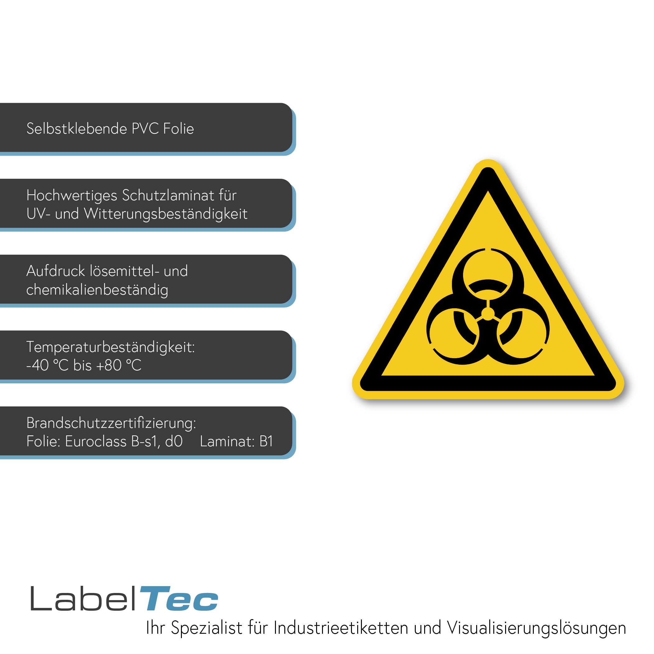 Segnale di pericolo biologico, adesivo secondo DIN EN ISO 7010 ASR A1.3 W009, simbolo di avvertimento per biopericolo, targhetta di sicurezza, autoadesiva, per laboratori, ospedali, studi