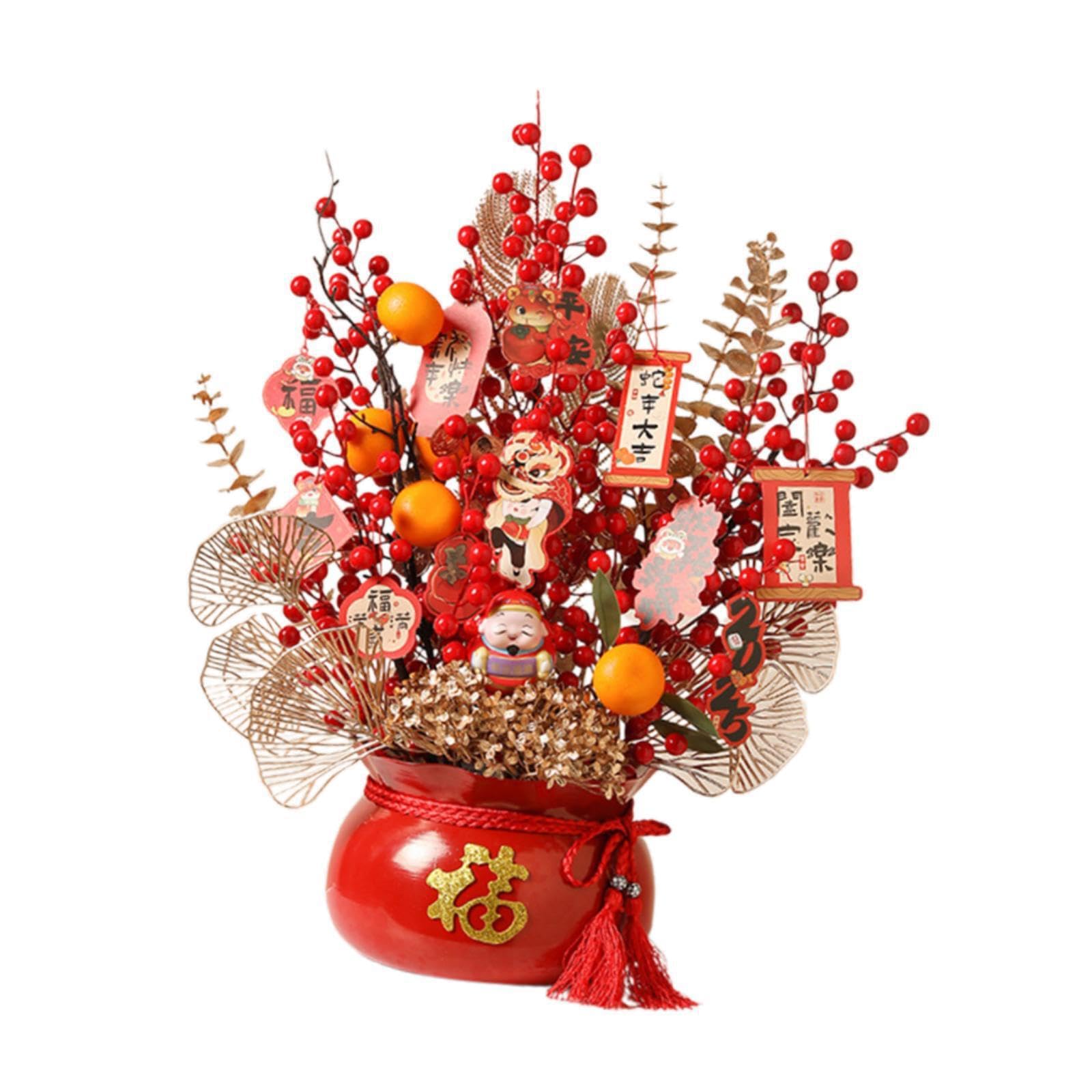 LIXSAZSE Feng Shui Ornament Bonsai Featuring Chinese New Year Artificial Flower Gift For Celebrating Spring Festival 2025 Feng Shui Ornament Bonsai Artificial, Red Pot, 50x60cm