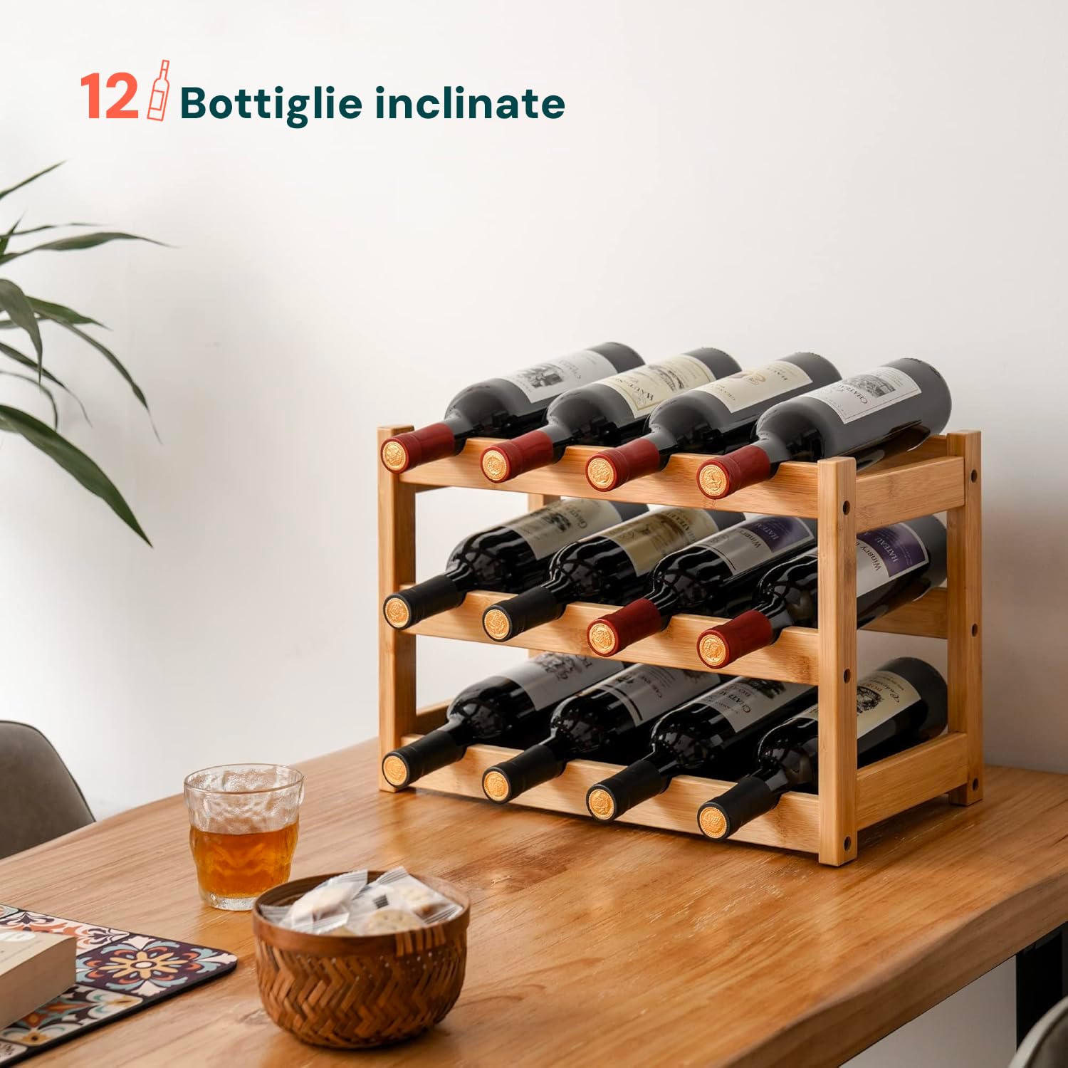AviliaHome Portabottiglie Vino in Bambù 12 Bottiglie - 3 Ripiani Salvaspazio & Design Ecologico, Compatto 42x21x28cm- Montaggio Facile & Veloce - Perfetto per Cucina, Cantina, Soggiorno