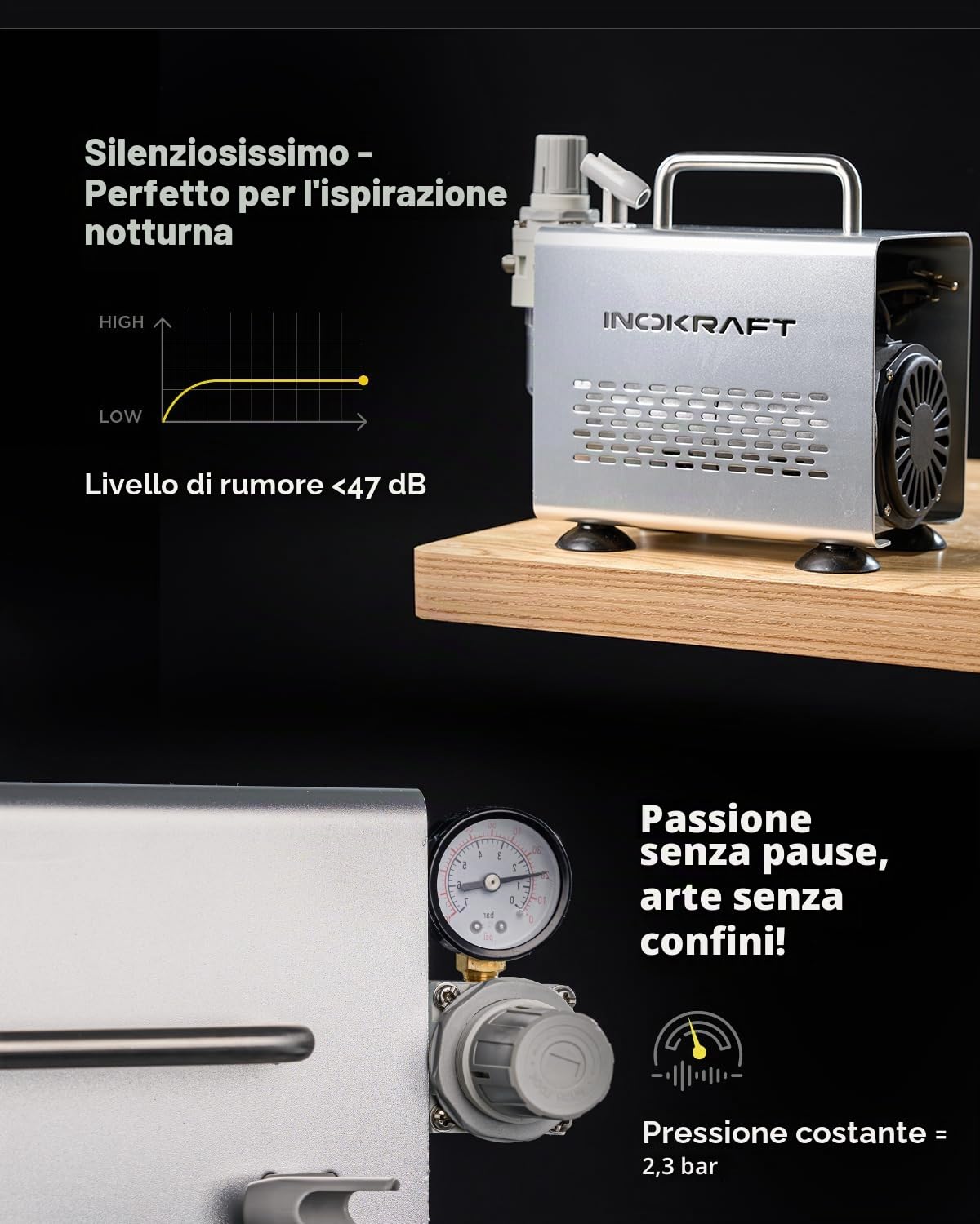 InoKraft Kit aerografo con compressore 1/6 HP silenzioso, pistola aerografo, 3 ugelli (0,2, 0,3 & 0,5 mm) tubo, supporto e istruzioni, aerografo per pittura modello, regalo per bambini 4 colori
