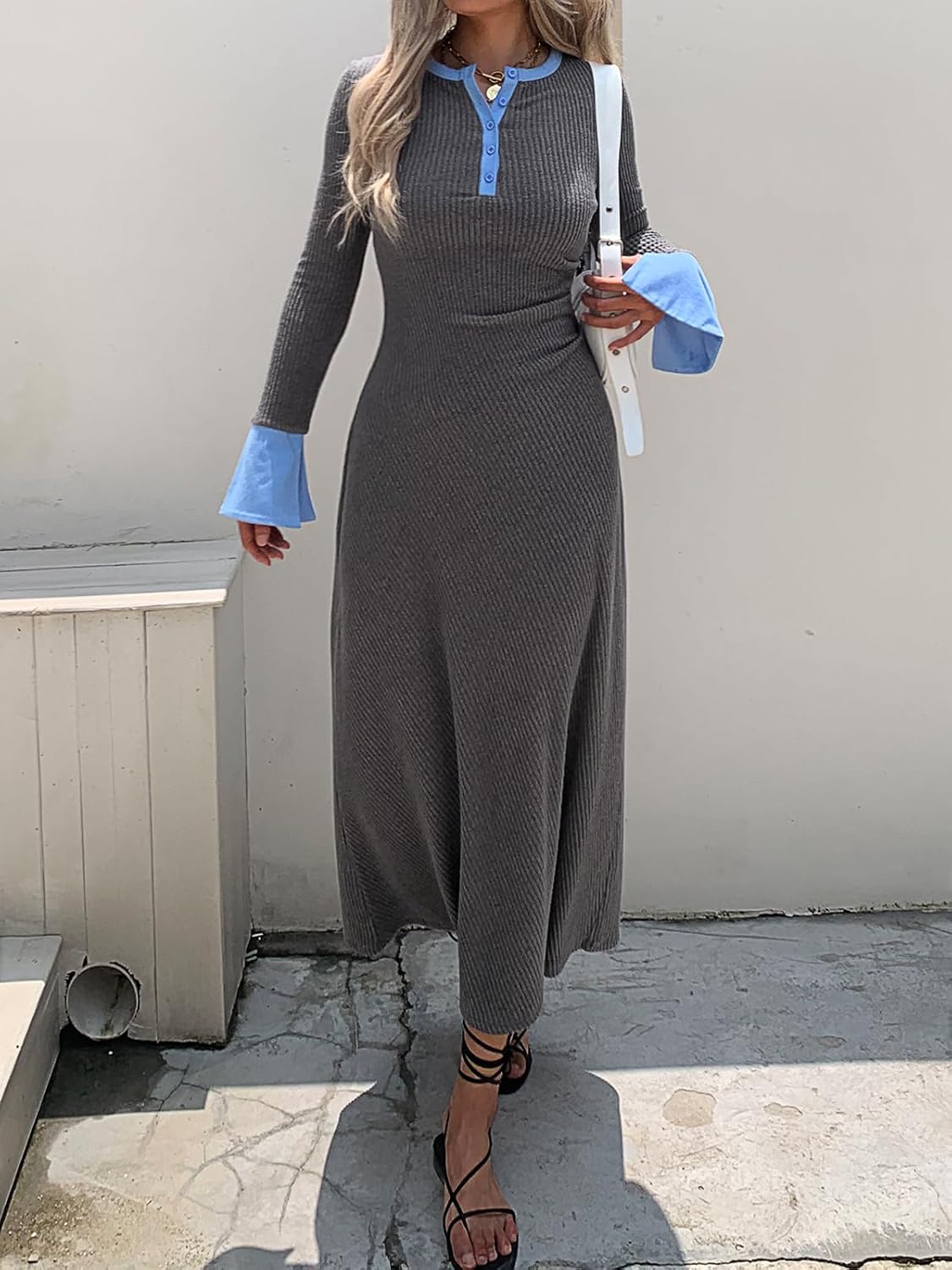 Womens Sweater Dress V Neck Ribbed Maxi Dress Long Bell Sleeves Button Down Slim Fit Bodycon Casual Knit Dress - Image 3