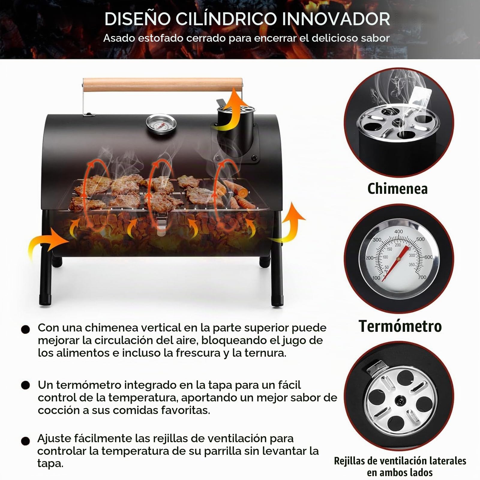 Barbacoa de carbón vegetal portátil para camping, barbacoa de carbón con tapa, pequeña barbacoa de mesa con termómetro, suministro de aire ajustable y cantidad de aire de escape, para cocinar al aire
