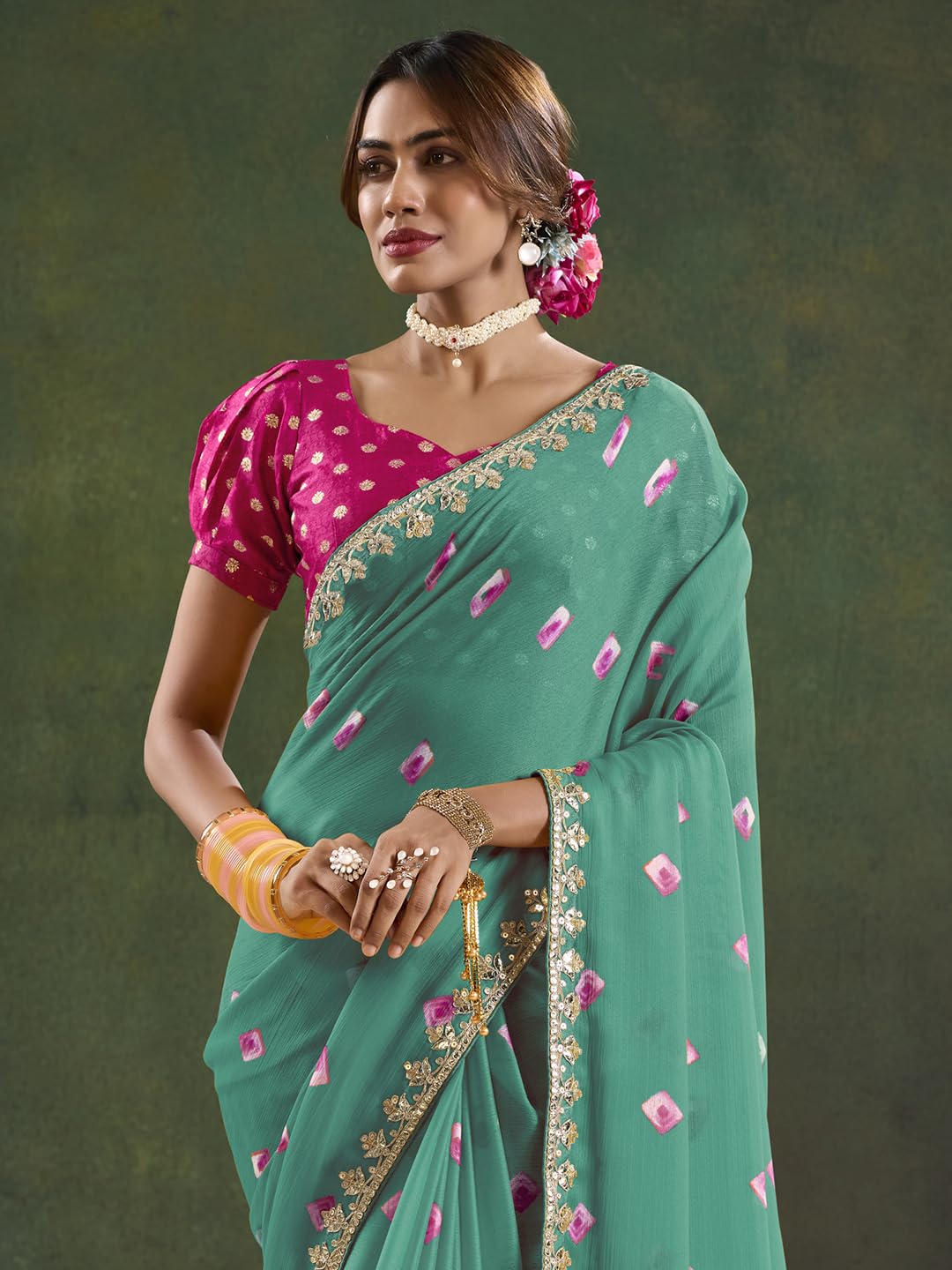 AKHILAM Women's Pure Chiffon Geometric Printed Saree With Unstitched Blouse (CHUNRI1020B_SR_Parent) 5 71omIBanrGL. SL1440