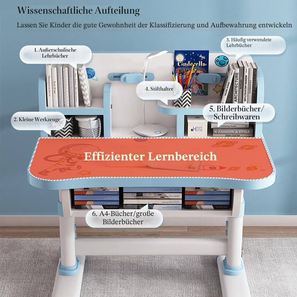 Kinder-Schreibtisch- und Stuhl-Set, höhenverstellbar, Cartoon-Muster, Lerntisch mit Schublade und Buchständer, ergonomischer Schüler-Schreibtisch