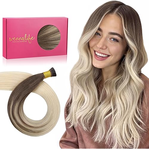 WENNALIFE I Tip Hair Extensions Human Hair, 50g 50s 18 Inch Ombre Sandy Brown to Platinum Blonde Remy Itip Human Hair Extensions Invisible Itips Straight I Tips Fusion Extensions Real Human Hair