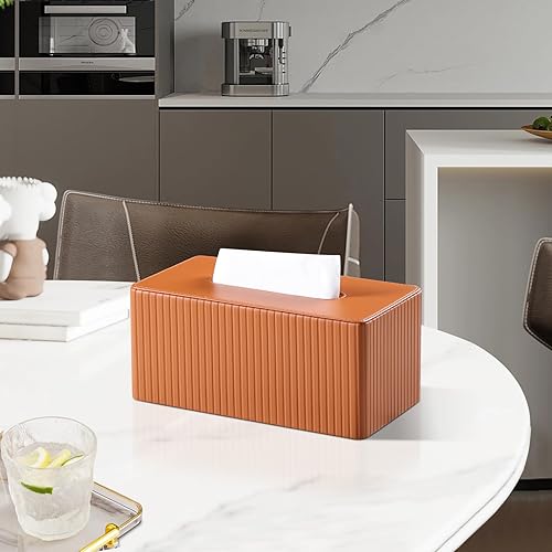 Miniatura 2 de Funda rectangular de piel sintética para caja de pañuelos con cubierta inferior magnética para baño, dormitorio u oficina (estría naranja)
