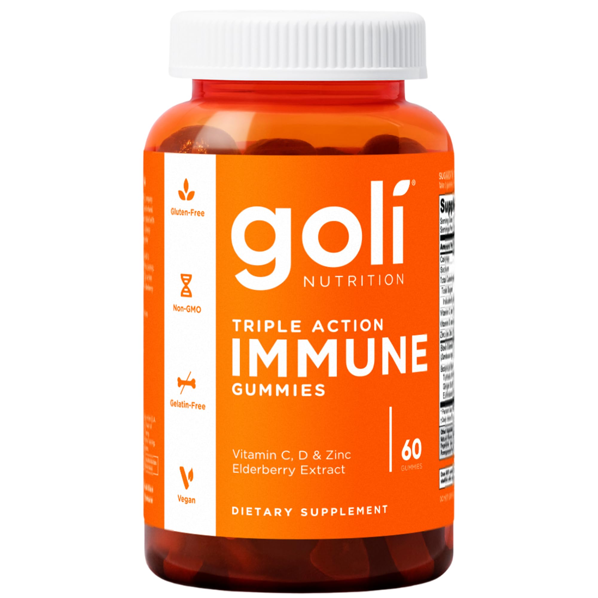 Triple Action Immune Gummies with Vitamin C, D, Zinc - Elderberry Extract, Echinacea, Turmeric, Ginger - Vegan, Non-GMO, Gluten-Free