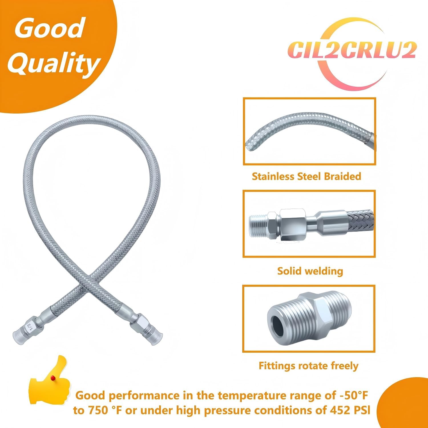 Industrial-Grade Stainless Steel 1/2" Compressor Jumper Hose,40" Length - 1/2" NPT Rotating Fittings, 750°F & 450 PSI