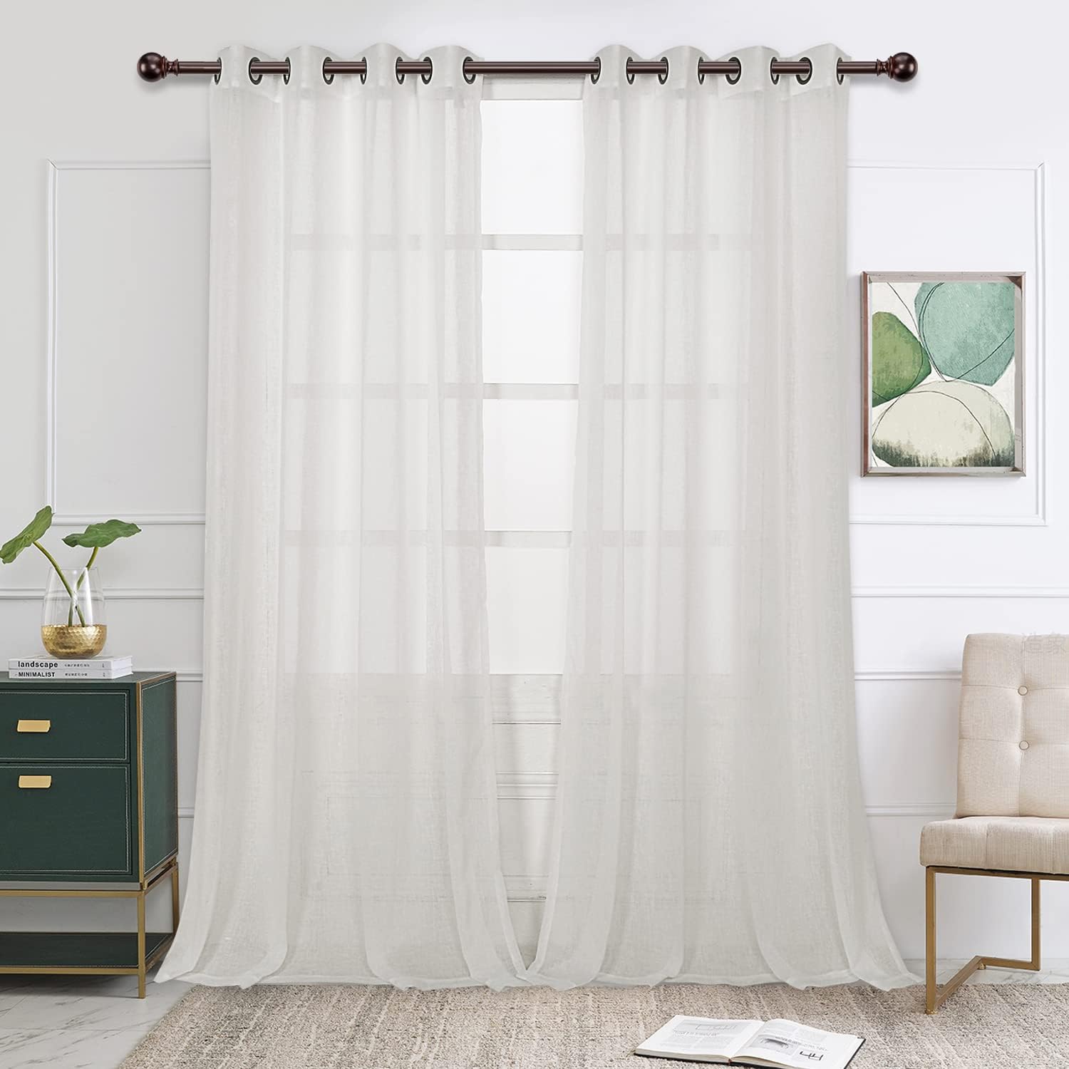 BONZERBurlap Linen Sheer Curtains for Living Room - Grommet Top Sheer Drapes 120 inches Length Light Filtering Voile Window Curtain for Bedroom, Set of 2 Panels (54 x 120 Inch, Ivory)