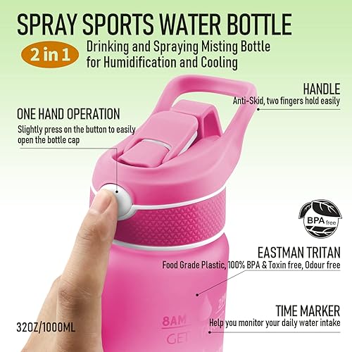 Miniatura 4 de Botella de agua deportiva 2 en 1 con spray de enfriamiento y pajita, 32 onzas, enfriamiento rápido de la sed, hidratación sobre la marcha y