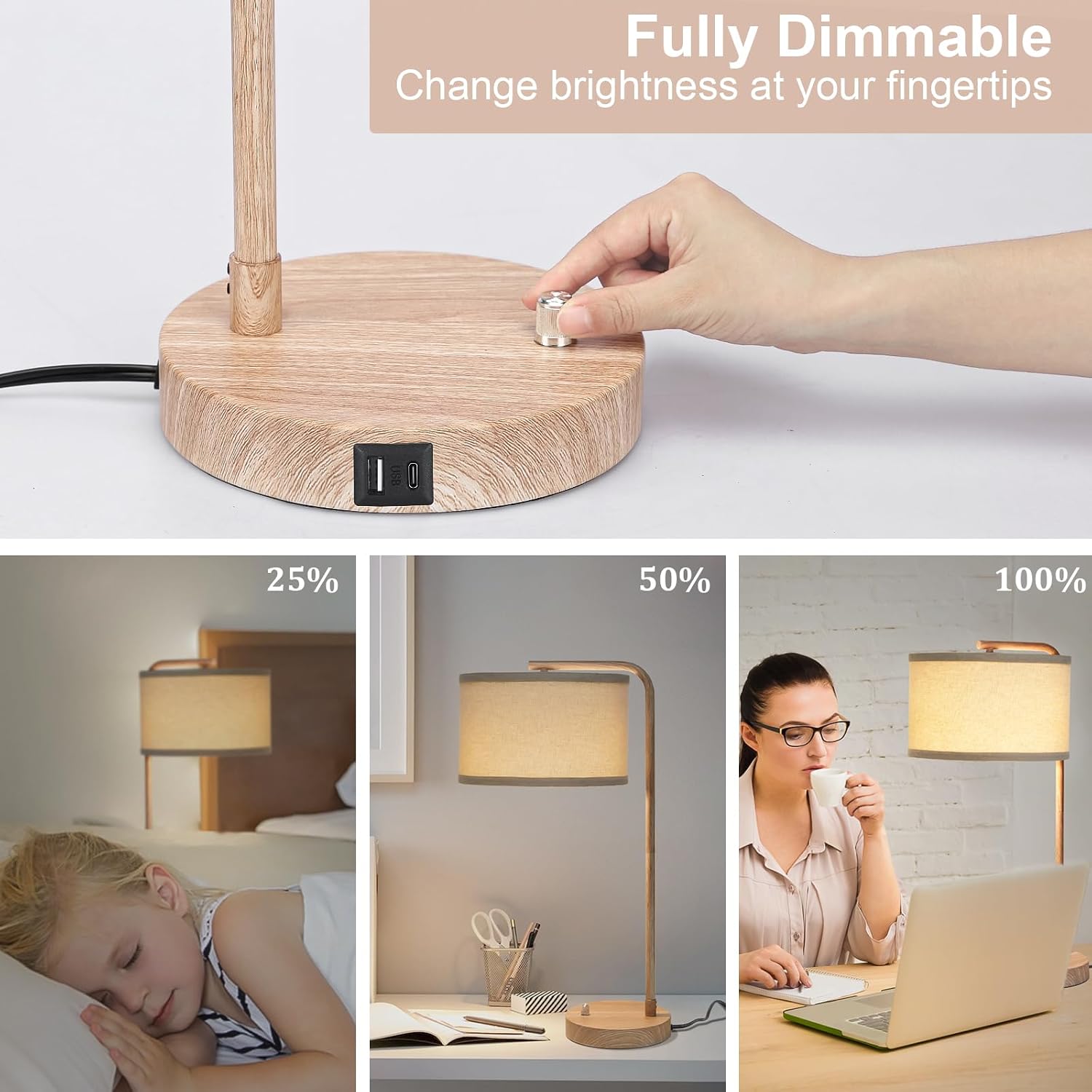 Farmhouse Table Lamp, Fully Dimmable Bedisde Nightstand Lamp with USB C+A Charging Ports, Modern Tall Table Lamp Desk Reading Lamp for Living Room, Bedroom, Office, 9W LED Bulb Included