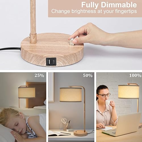 Miniatura 5 de Lámpara de mesa de granja, lámpara de mesita de noche totalmente regulable con puertos de carga USB C+A, moderna lámpara de mesa alta lámpara de