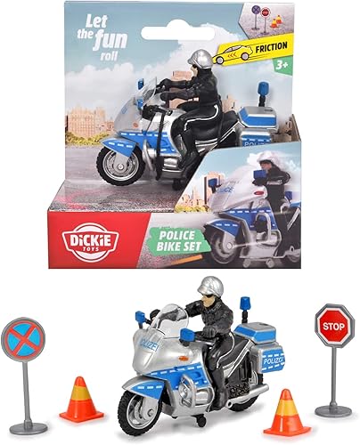Miniatura 7 de Dickie Toys 203341029 - Figura de policía fija de motocicleta policial, incluye 2 pilones y 2 señales de tráfico, motocicleta, longitud: 3.9 in,