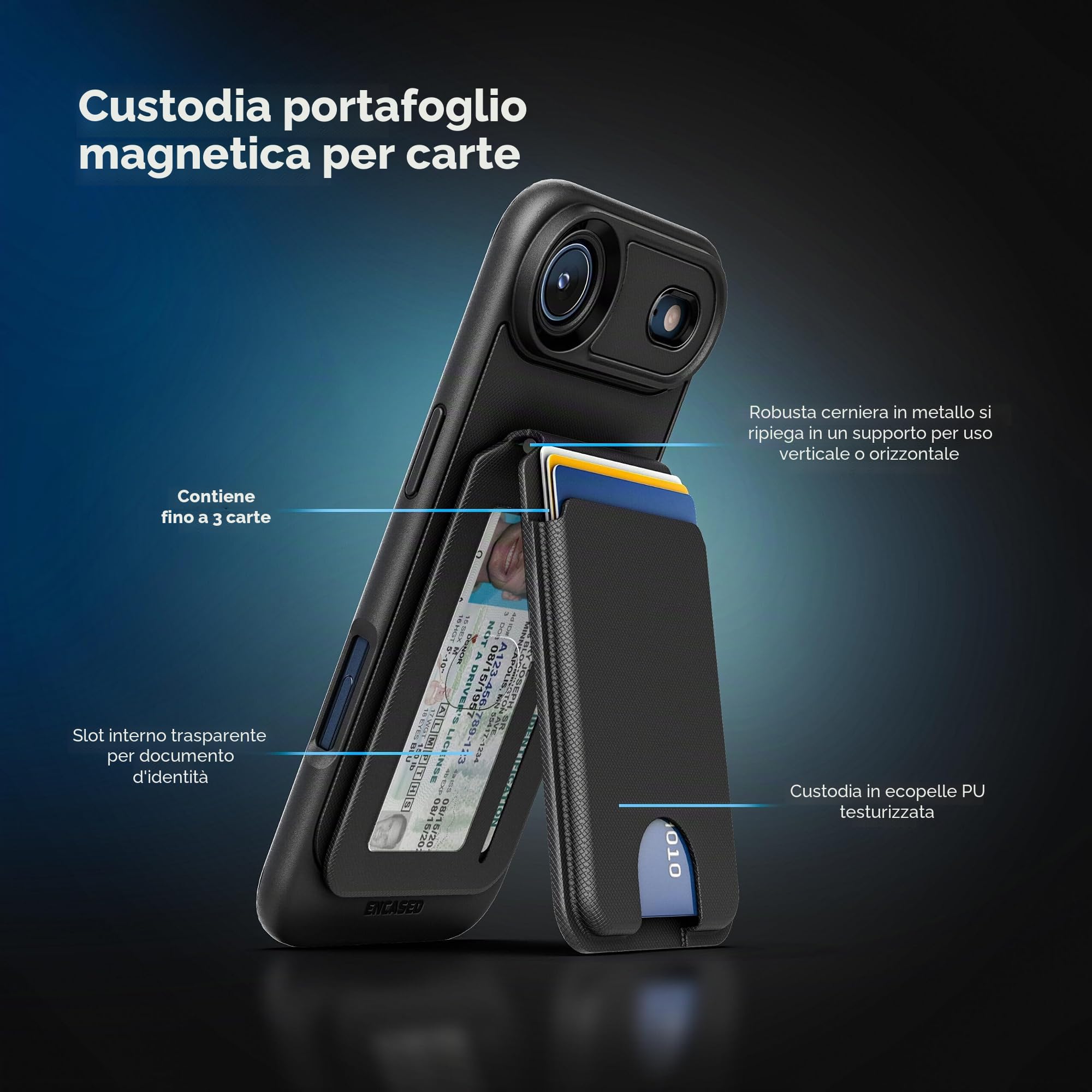 ENCASED per iPhone 17 Air Cover Portafoglio con Portacarte Magnetico Rimovibile e Supporto (Compatibile MagSafe) Nero