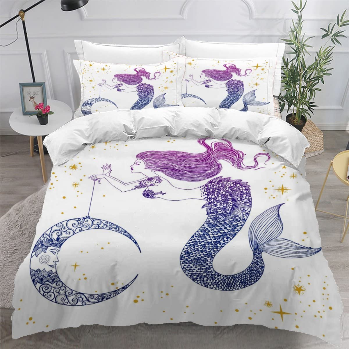 Housse de couette 200x200 sirène en microfibre avec 2 taies d'oreiller