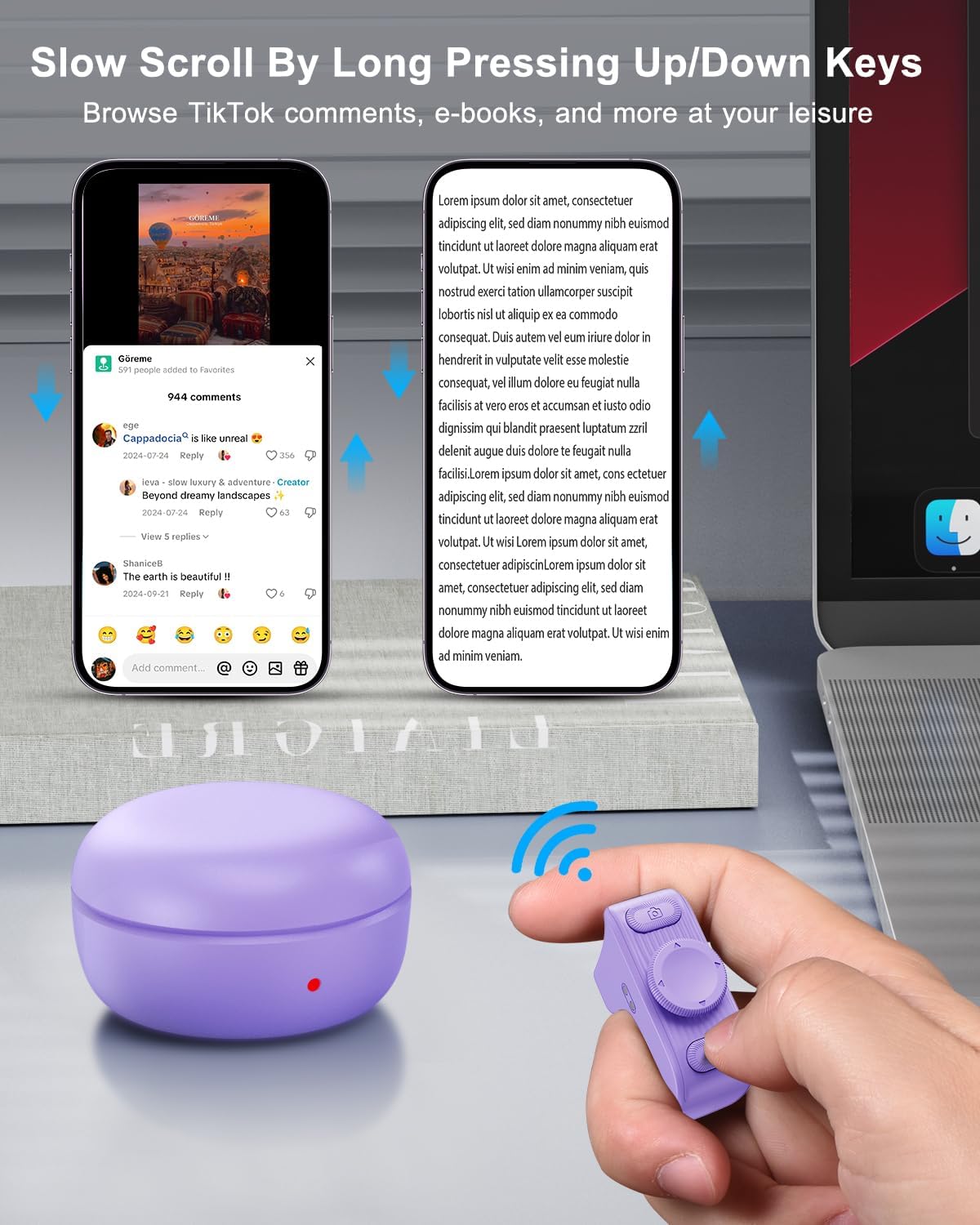 [New Upgrade, Easy to Use] TikTok Scrolling Ring Remote Control, Camera Shutter Remote, Wireless Bluetooth Scrolling Ring for iPhone, iPad, iOS, Android - Light Purple