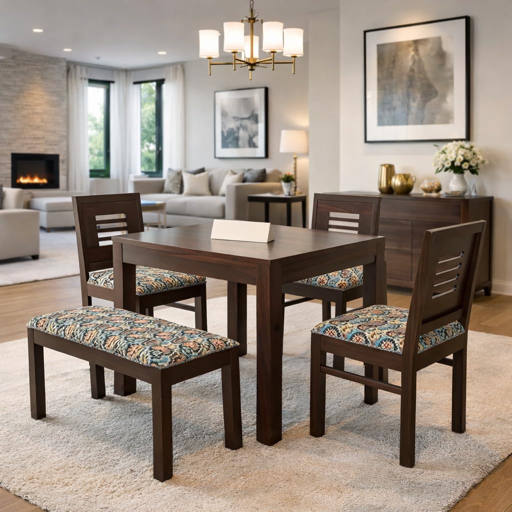 KENDALWOOD™ Furniture Sheesham Wood Dining Table with 3 Chairs 1 Bench | 4 Seater Dining Set | 1 Year Warranty | Wooden Dining Set | Walnut Finish with Printed Cushions | -DIY(Do-It-Yourself)
