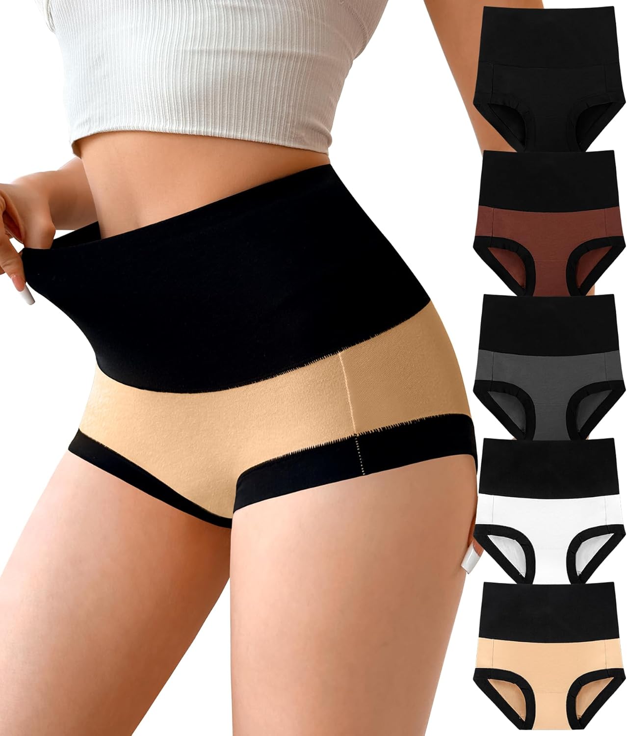 Annenmy Super High Waisted Underwear for Postpartum Women Tummy Control Brief Cotton Panties 5 Pack