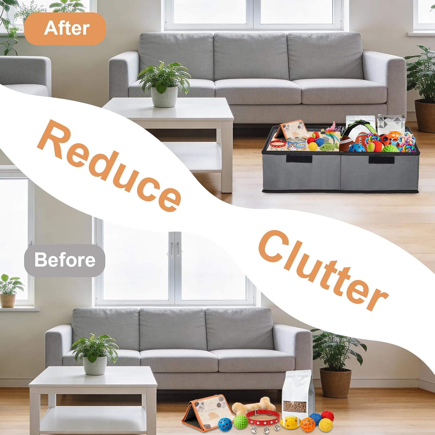 Cat Toy Basket with Lid and Removable Divider, 19" Collapsible Pet Storage with Lid and Handle, 600D Cute Living Room Kitten Box Organizer for Pet Toys, Blankets and Accessories - Grey (2 Pack)