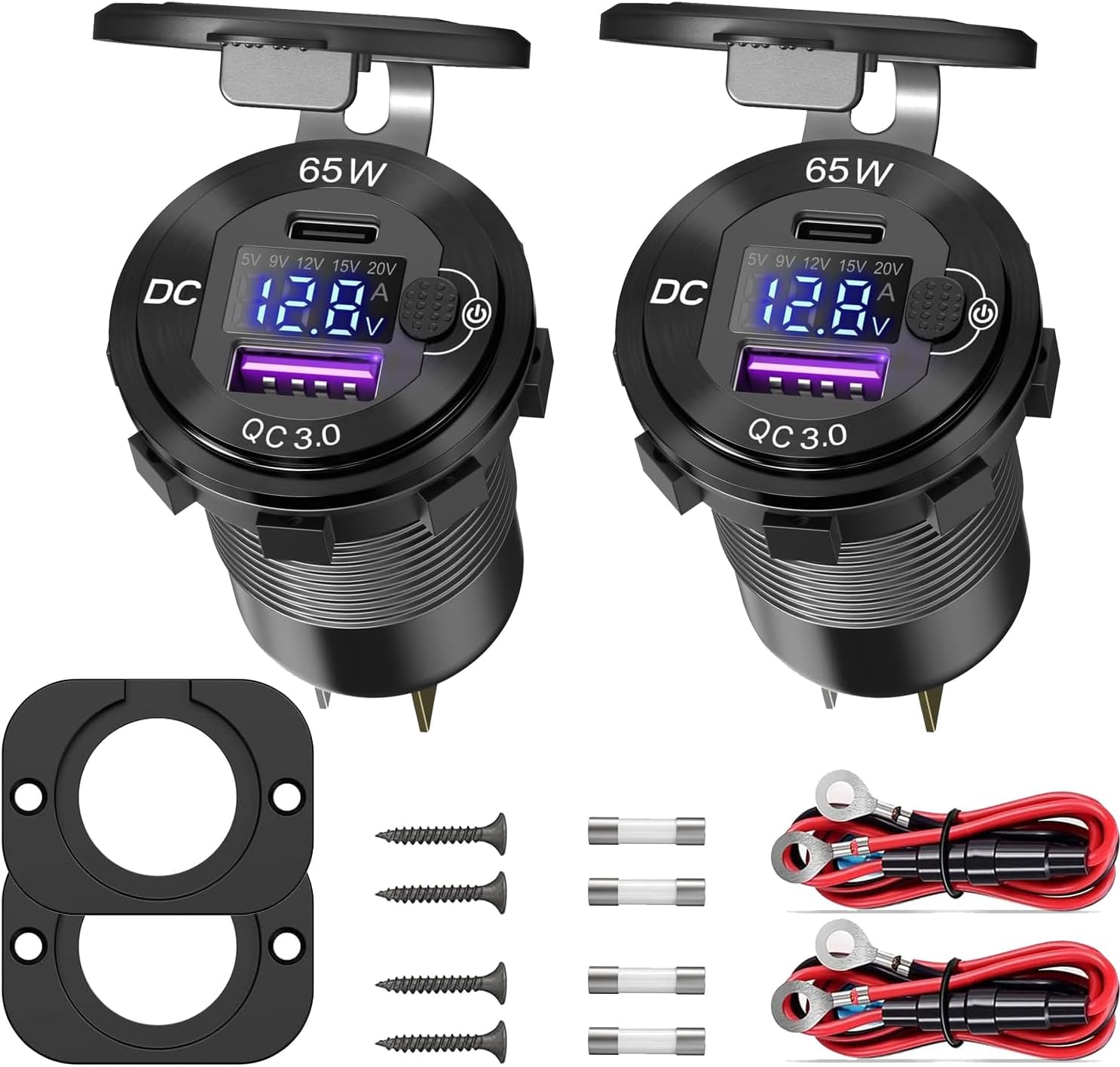 Upgrade Aluminum12V USB Outlet,65W PD and Quick Charge 3.0 Multi USB Port for Car,Waterproof Cigarette Lighter Replacement Socket with Voltmeter and Switch for Motorcycle RV Marine Golf (Pack of 2)