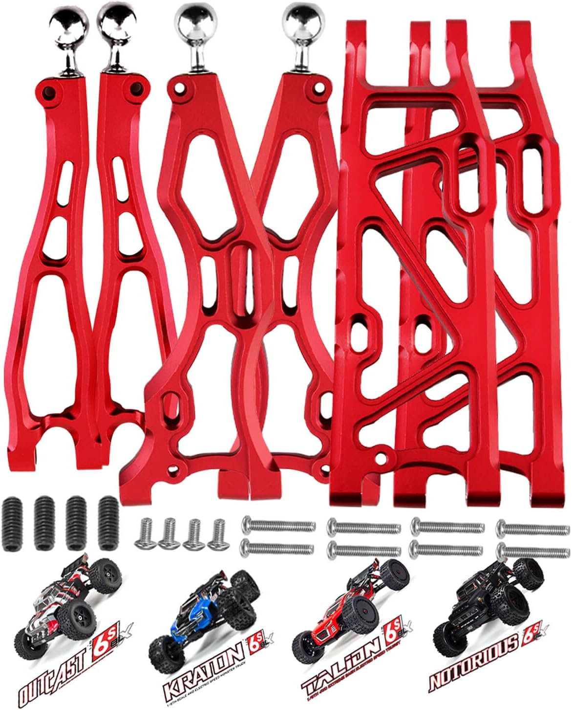 Aluminum Front & Rear Suspension Arms Upgrades Part for 1/8 Arrma Outcast 6S BLX,Kraton 6S BLX,Notorious 6S BLX,Talion 6S BLX,ARRCat 6pcs Lower Upper Swing Arm Set Hops up w/Pivot Balls,Red
