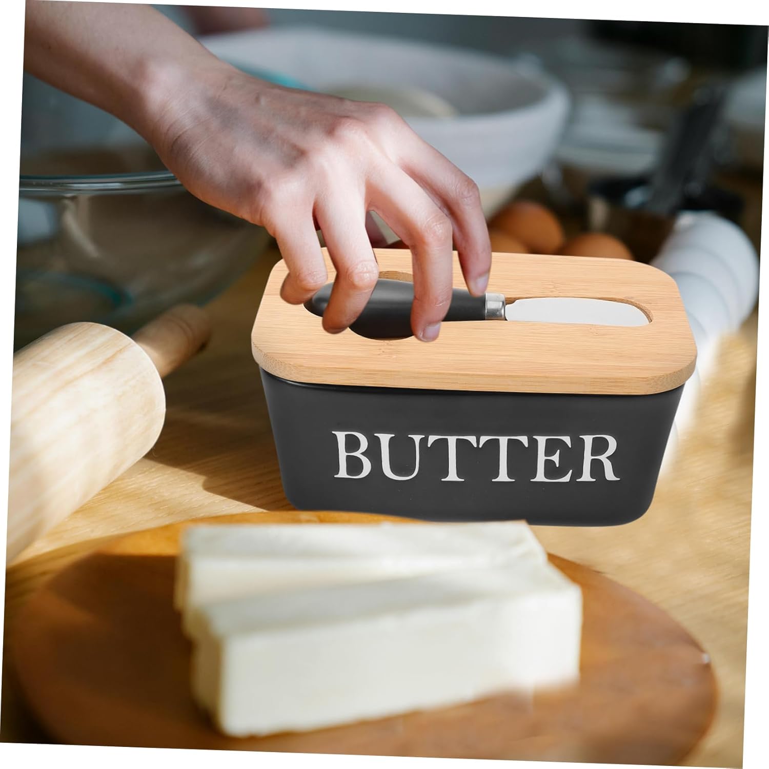 Ceramic Butter Dish with Wooden Lid Airtight Kitchen Butter Holder for Condiments Elegant Serving Tray with Cutter Restaurants and Home Use