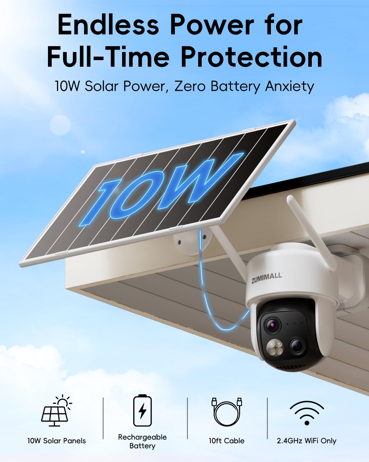 ZUMIMALL Caméra de surveillance solaire AOV à double objectif, suivi