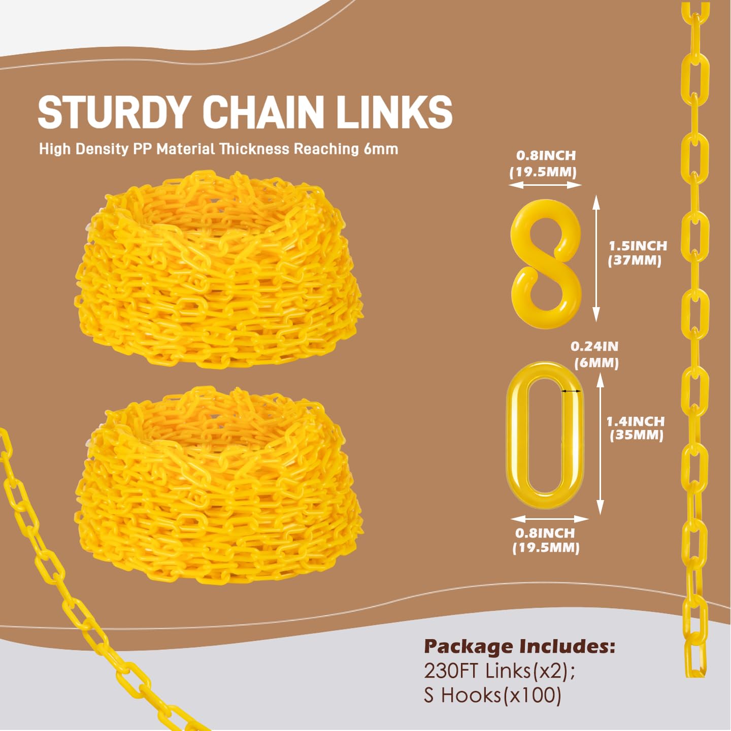 Yellow Plastic Safety Chain Links Large Safety Chain Barrier UV Protected, Heavy Duty Caution Chain for Crowd Control, Parking Lot, Driveway, Garden, Fence and Event Decoration, 230 Feet-2 Pack
