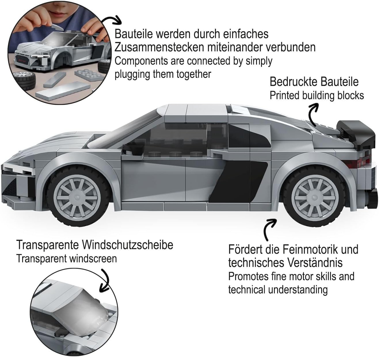 Diagram showing components connecting, printed building blocks, and transparent windshield