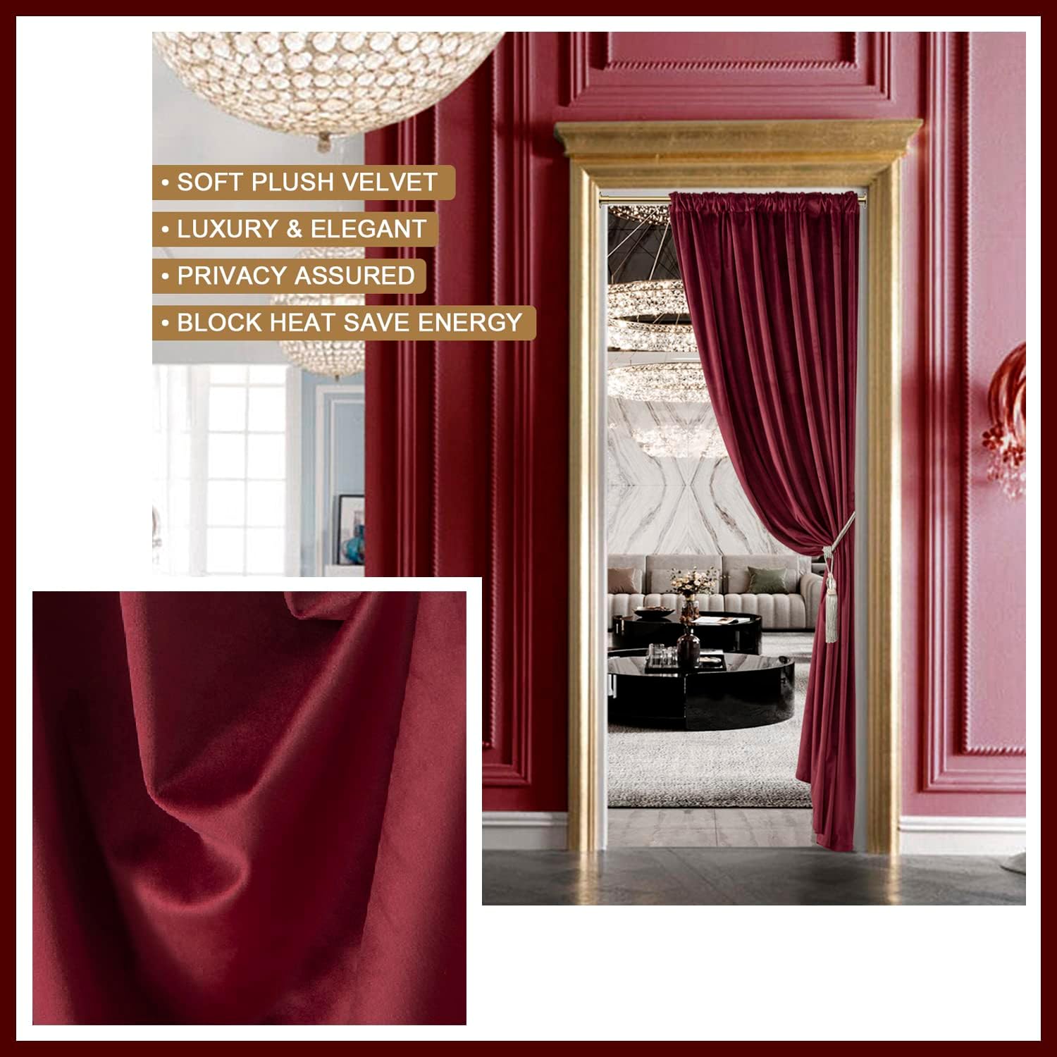 Burgundy Red Valentines Door Doorway Velvet Luxury Curtains for Living Room,Romantic Vintage Portiere Fake Temporary Tapestry Drapery Blocker Draft Curtain Divider for Backdrop Cover Movie Theatre,80L
