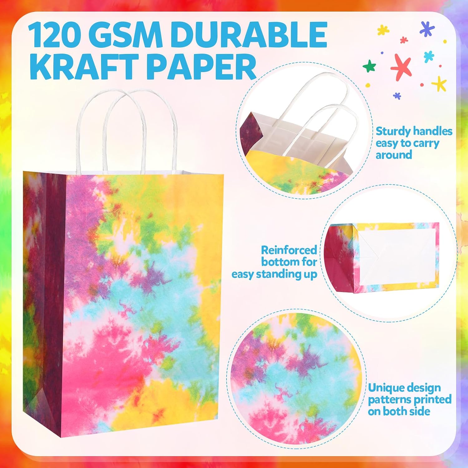 Gaillty 24 Pcs Tie Dye Party Favor Bags Camouflage Goodie Gift Bags with Handles Colorful Rainbow Paper Treat Candy Totes for Retro Theme Birthday Party Supplies Decorations image 3