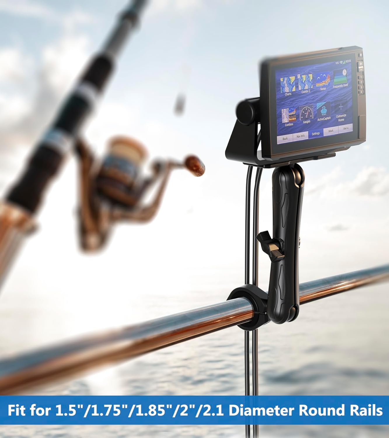Aluminum Alloy 1.5" Ball Fish Finder Mount with Bar Clamp Base Fit 1.5'' 1.75'' 1.85'' 2'' 2.1'' Round Rail, 9.1" Long Arm Marine Electronic Mount for Garmin, Lowrance, Humminbird, Raymarine