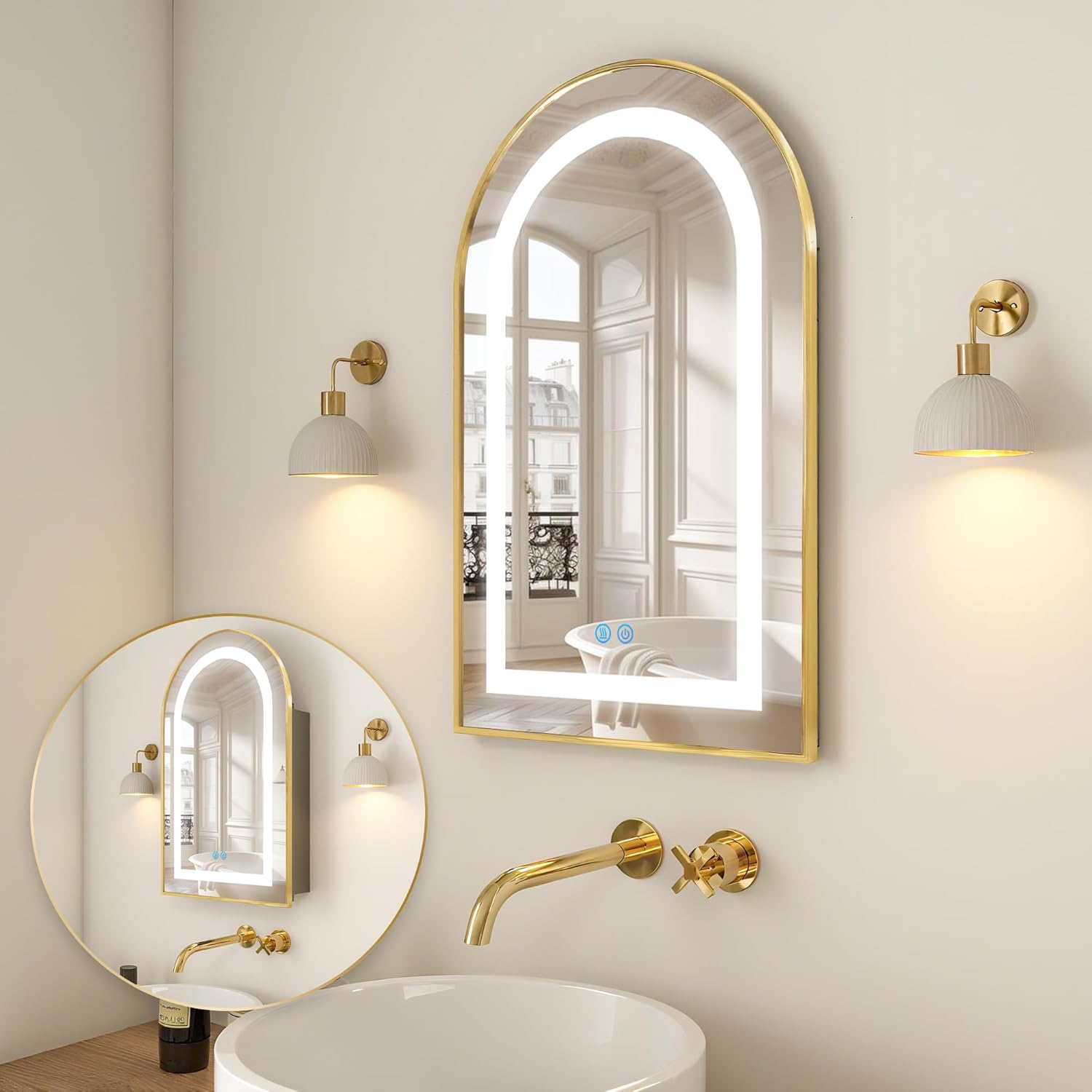 Arched Medicine Cabinet with LED Lights, Lighted Bathroom Medicine Cabinet Mirror with Anti-Fog, No Assembly Required, Recessed or Surface Mount (Gold, 29.5" H x 15.8" W)