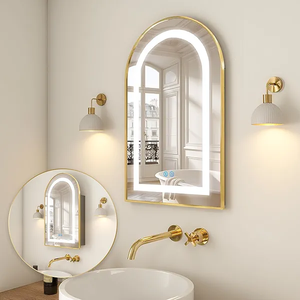 Arched Medicine Cabinet with LED, Lighted Bathroom Medicine Cabinet Mirror with Anti-Fog, No Assembly Required, Recessed or Surface Mount (Gold, 19.7"x31.5")