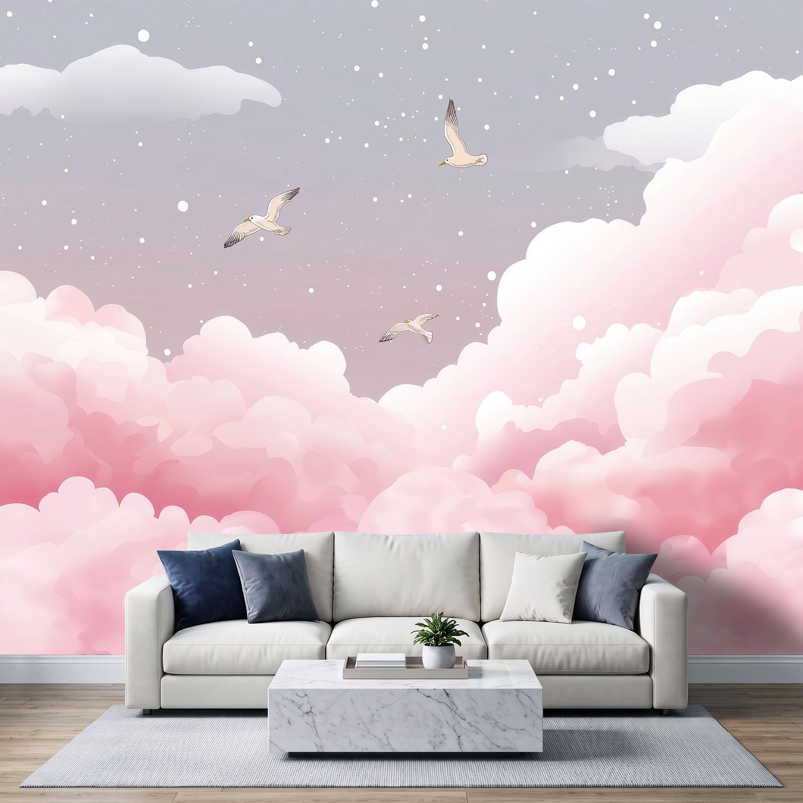 Fantazyjne zwierzęta mewy unoszące się w powietrzu Panoramiczna tapeta dla chłopców dziewcząt, 250 x 175 cm różowy gigantyczny plakat ścienny 3D, dekoracja ścienna premium do salonu, pokoju