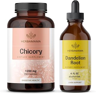 HERBAMAMA Chicory and Dandelion Kit - Bundle of 1200 mg Chicory Root Capsules & Dandelion Root Tincture 4 fl oz - Vegan, Non-GMO, Sugar & Alcohol-Free - 2 Pack