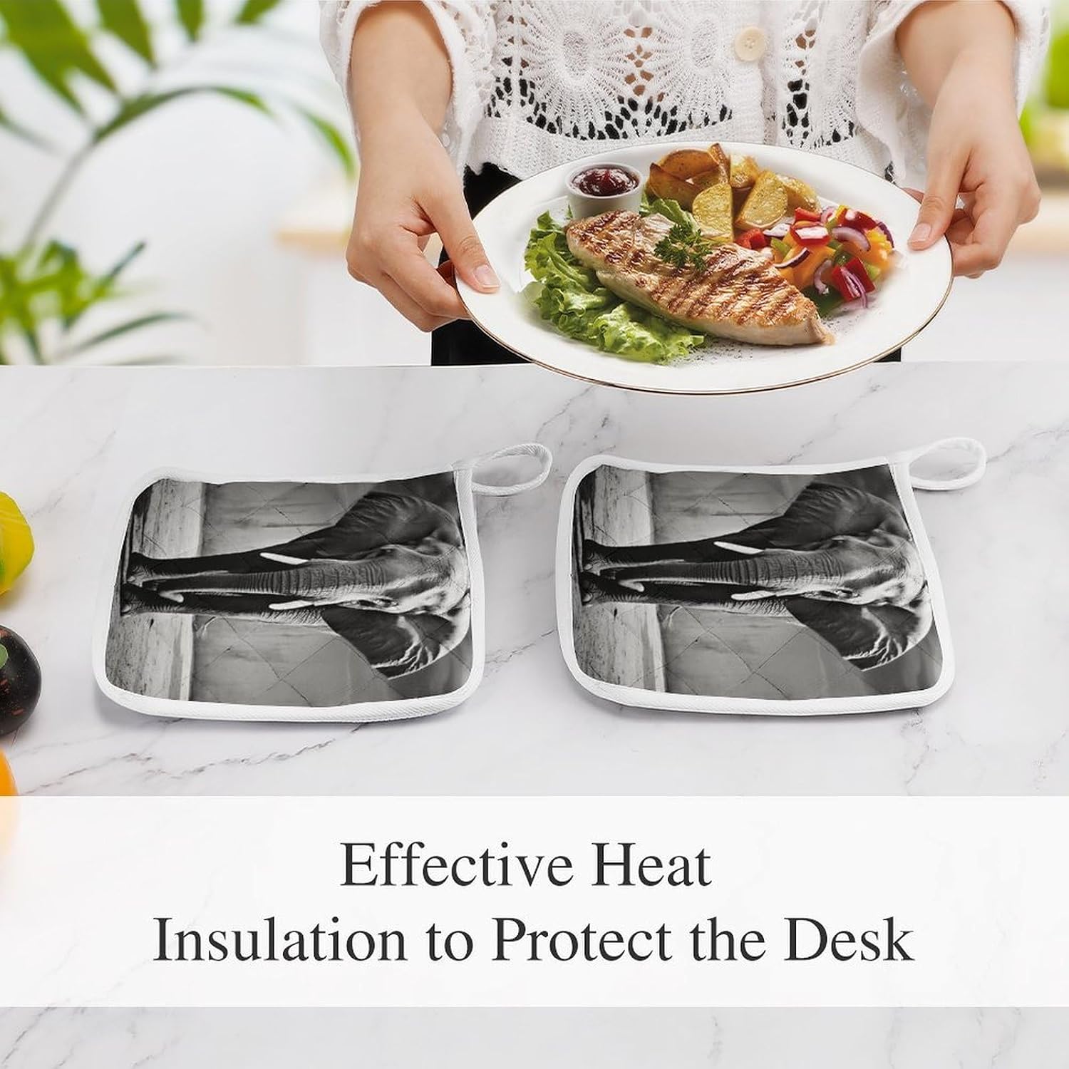 Black And White Elephant Polyester Heat Resistant Pot Pad Non Slip Anti Scald Hot Dish Mat Reusable Table Protector for Kitchen Hot Pot Mat Wear Resistant Heat Proof Table Pad for Countertop Dining Ro