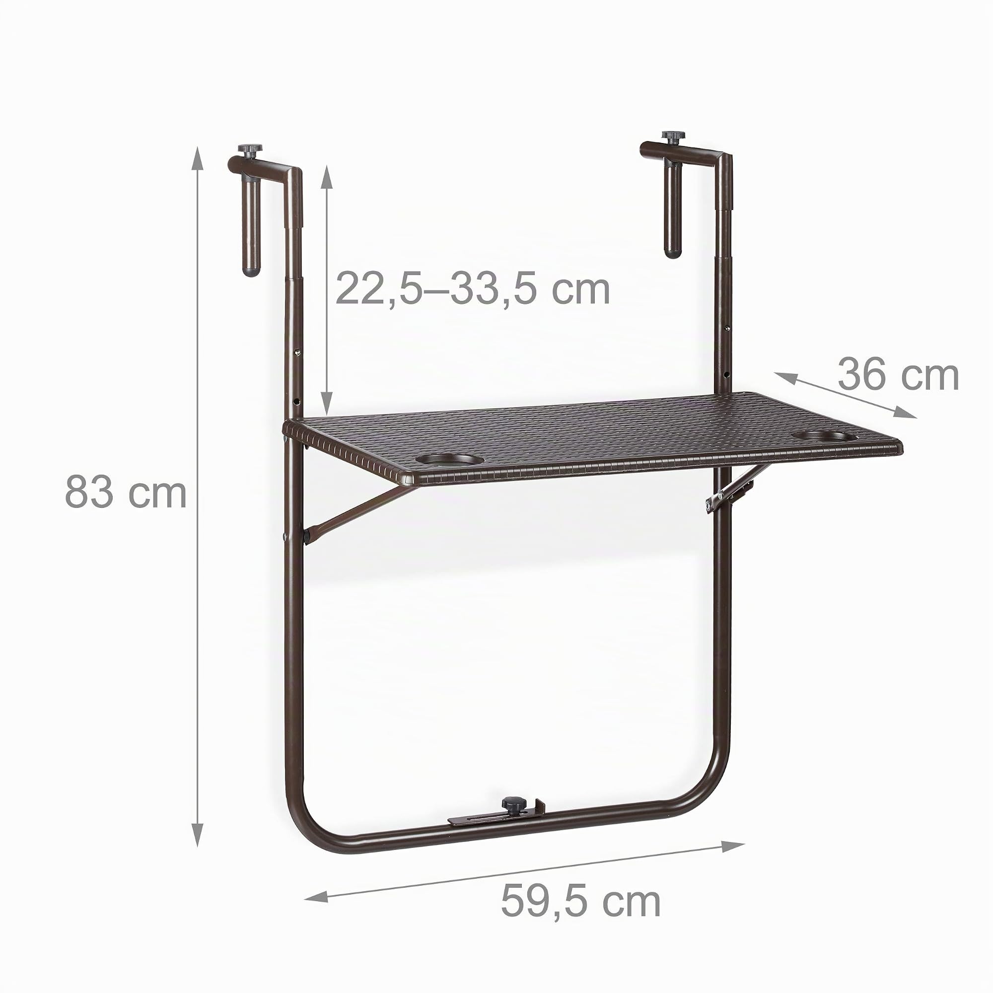 Relaxdays Mesa Plegable Balcón, 3 Alturas, Mesita Colgante Efecto Ratán 59,5x36 cm, Mueble Exterior Barandilla, Marrón