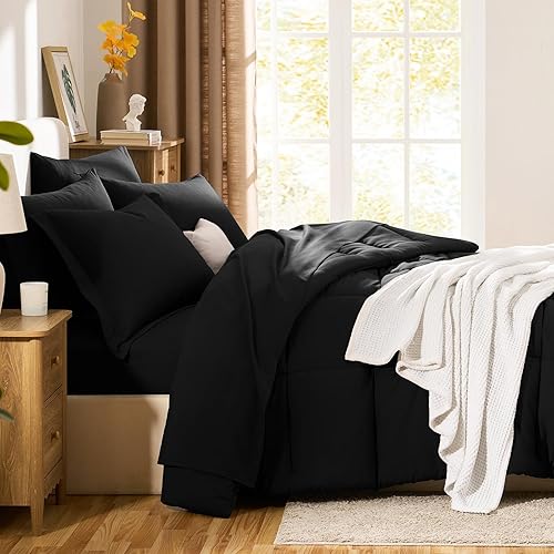 Miniatura 8 de CozyLux Juego de edredón tamaño Queen, color negro, 7 piezas de cama en una bolsa, tamaño Queen, juego de ropa de cama suave para todas las
