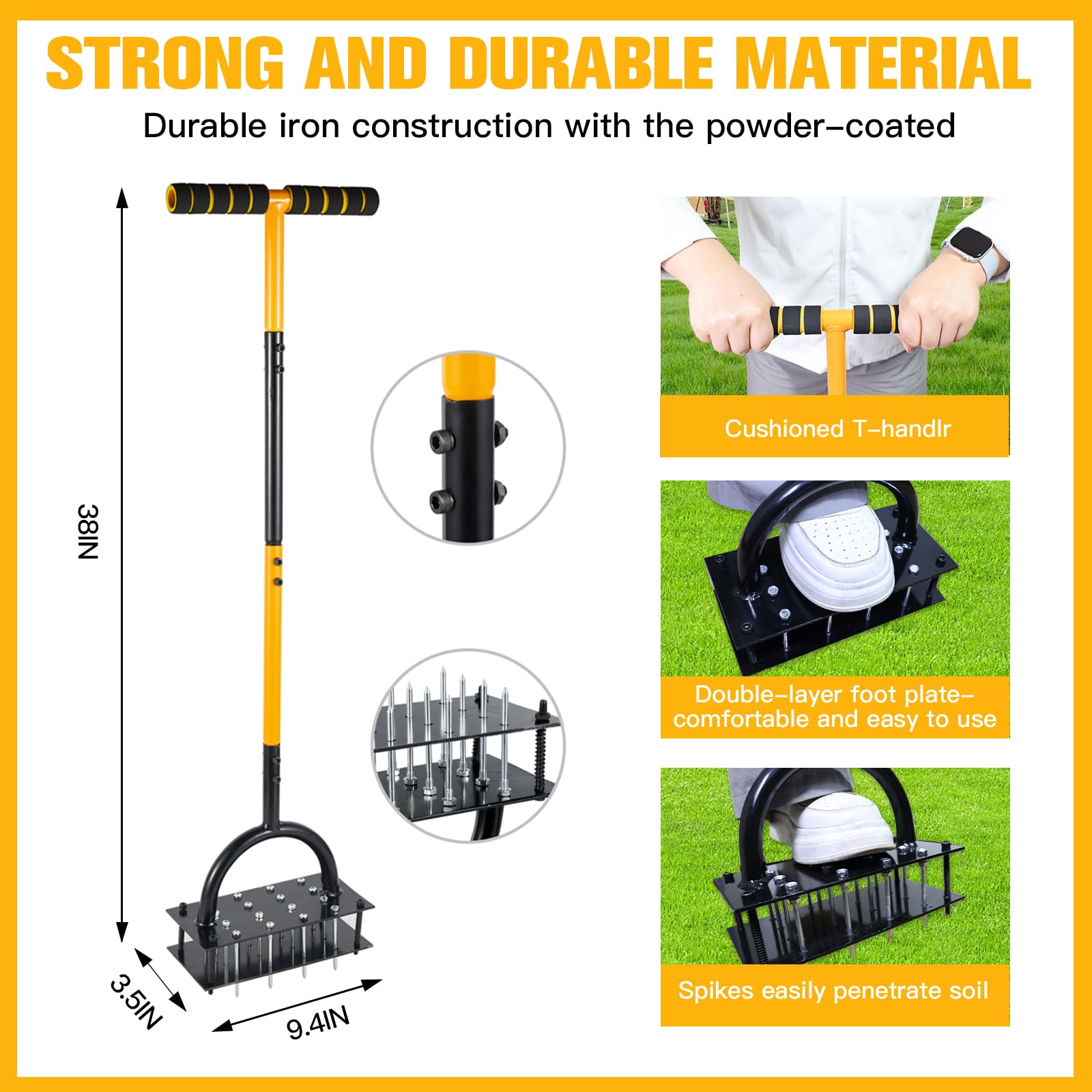 ROCKY&CHAO Aeratore per prato – Dispositivo di ventilazione manuale per prato con doppia piastra, 16 punte e 4 molle, manico a T per pavimenti compressi, giardino e prato
