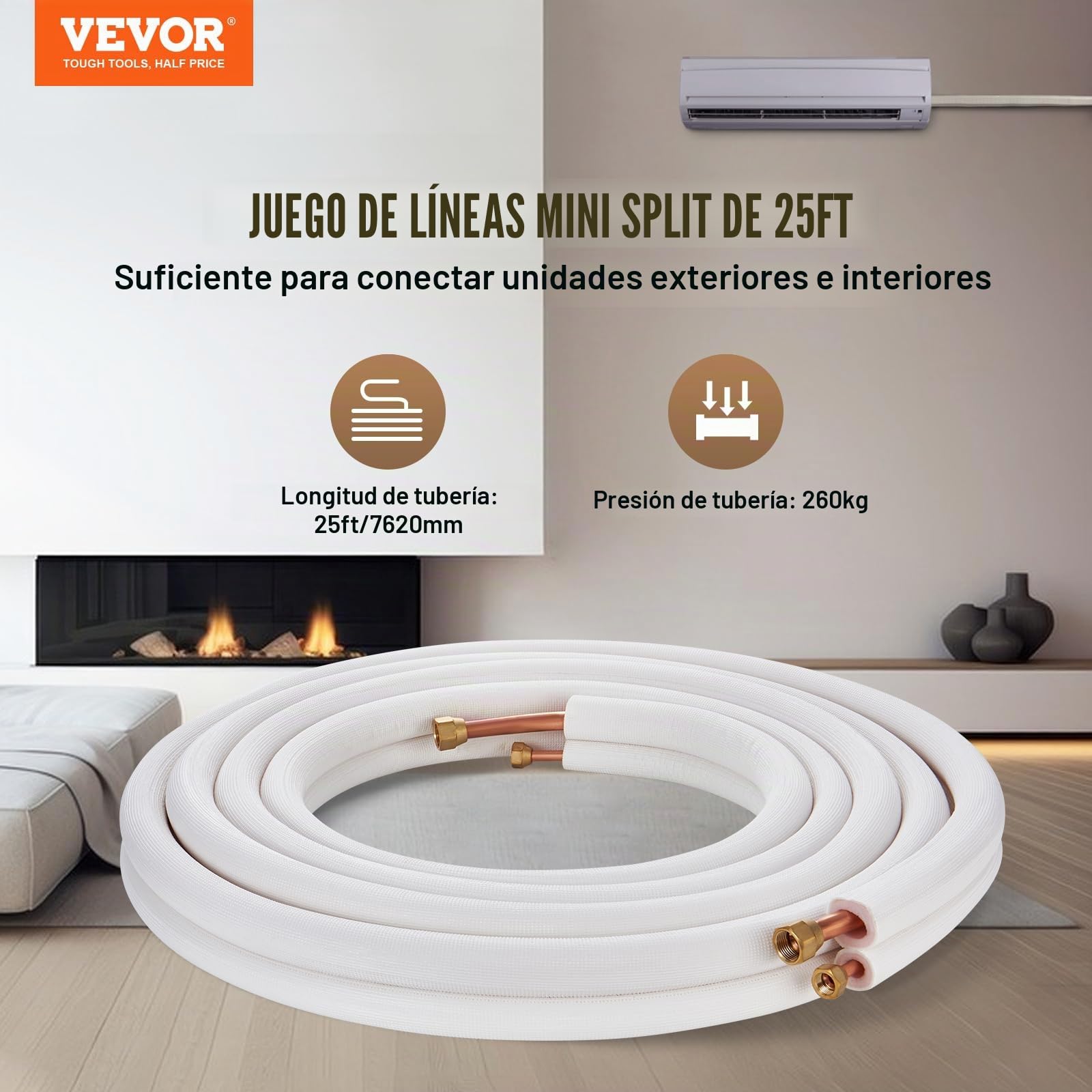 VEVOR Mini líneas divididas, tubos de cobre de 25 pies, 9,53 mm, 15,875 mm de diámetro exterior, aislamiento de triple capa para mini aire acondicionado dividido, equipo de refrigerante