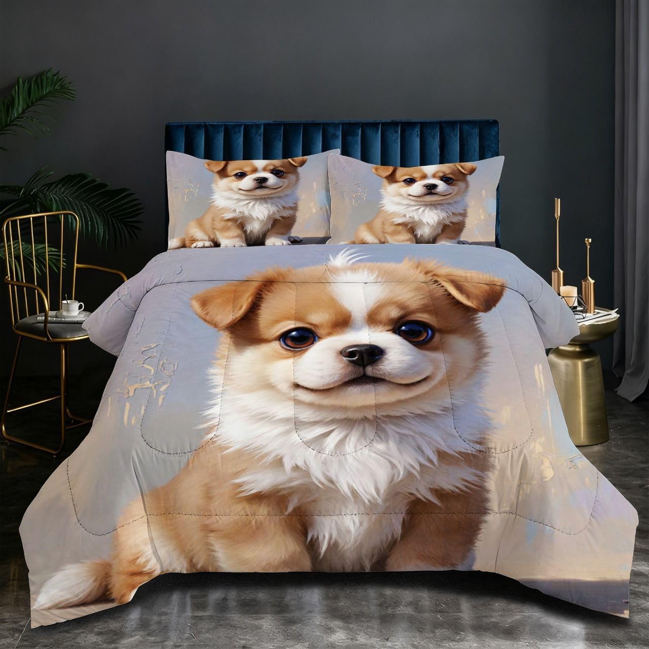 Couette double 180x200 cm avec 2 taies d'oreiller motif chien brun