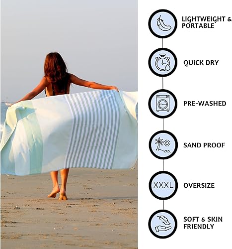 Miniatura 2 de Folkulture Toalla de playa turca, toalla de playa turca, toallas de playa a rayas de 40 x 72 pulgadas de gran tamaño con bolsa de mano, toallas de