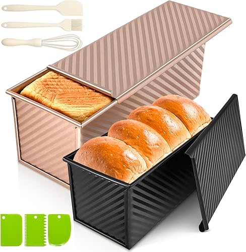 Paquete de 2 moldes para pan Pullman con tapas, capacidad de masa de 2.2 libras y 1 libra, sartenes de acero al carbono antiadherentes para pan