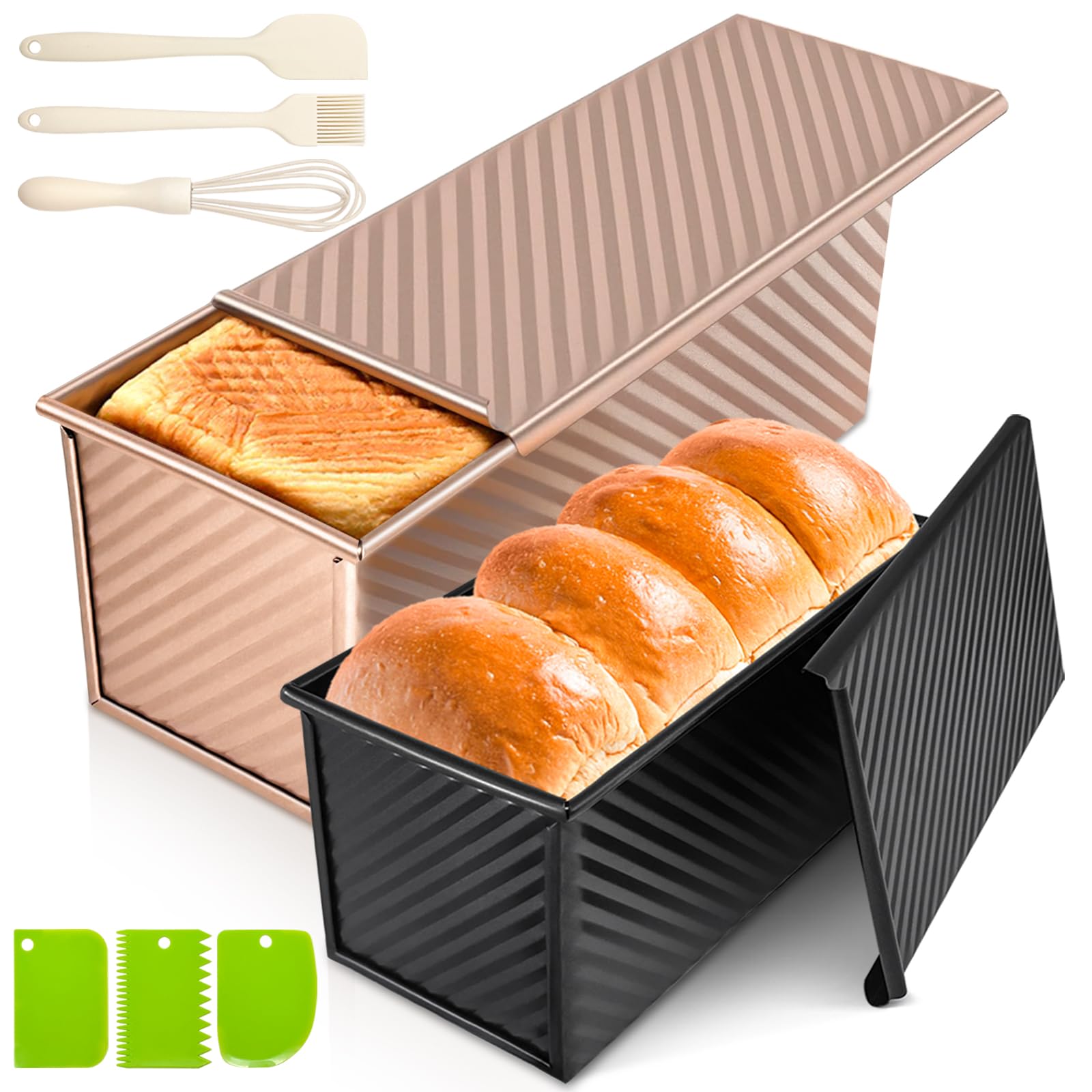 2Pack Pullman Loaf Pan with Lid, Non-Stick Carbon Steel Bread Pan for Homemade Sandwich & Sourdough Bread, 2.2lb&1lb Dough Capacity, Corrugated Toast Box Mold, Gold&Black